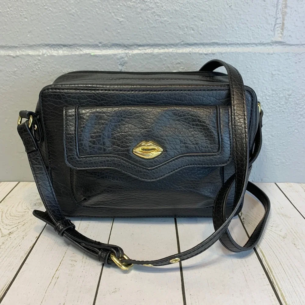 Juicy Couture Black Crossbody Bag Gold Lips Logo Y2K Purse